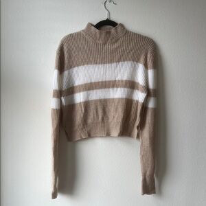 UK2LA Tan and White Striped Cowl Neck Sweater